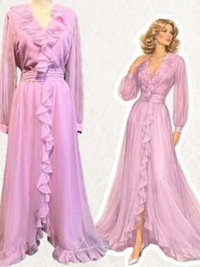 VINTAGE 70s chiffon formal prom gown dress frilly ruffles pink‎ sheer princess